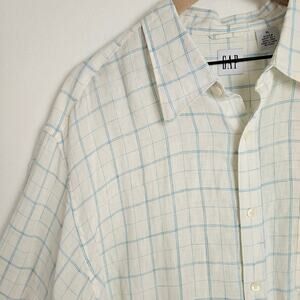 Gap Vintage Y2K Linen Button Front Shirt‎ Men's XL Off White Blue Long Sleeve